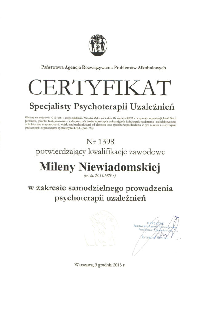 certyfikat psychoterapii uzależnień